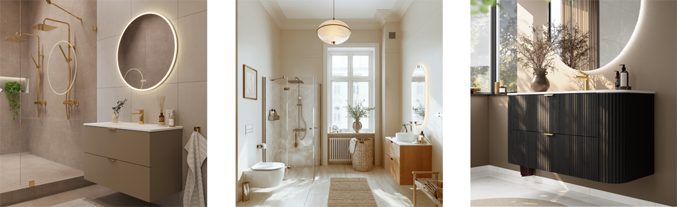 VikingBad MIE Trend, IBEN og MIE Buet viser tre populære baderomsstiler – varm beige, naturlig eik og sort med riller. Serien kombinerer smart oppbevaring, moderne design og materialer som passer både små og store bad.